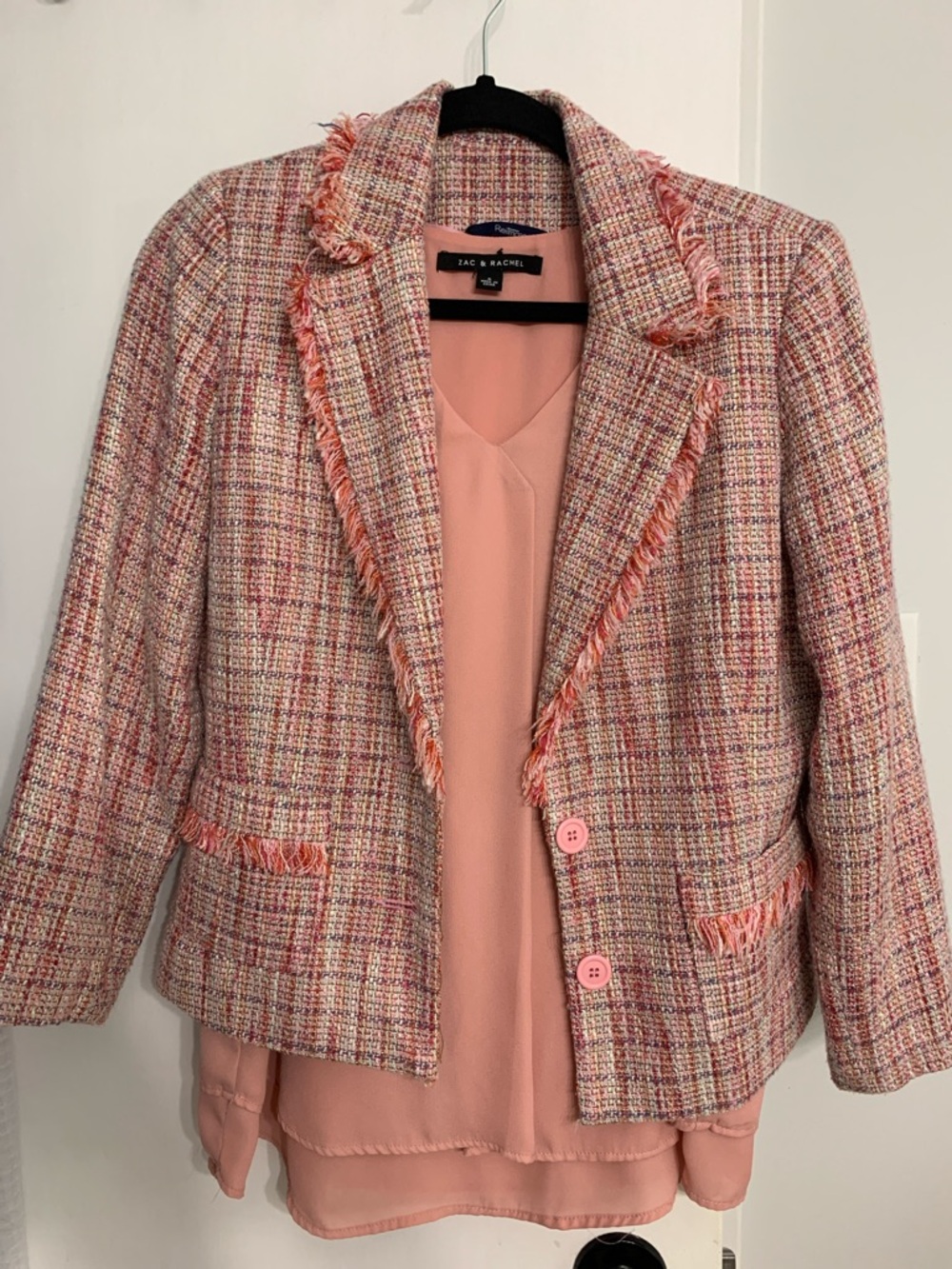 Pink Tweed Fringed Blazer Jacket with Blouse